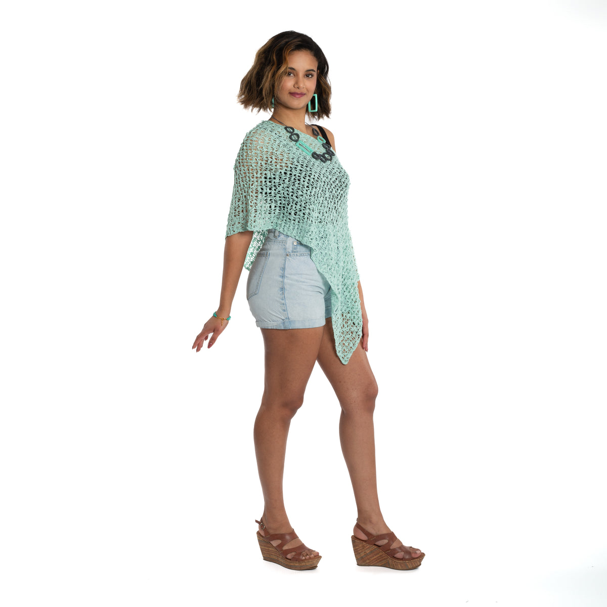Short Popcorn Knit Poncho - Green main image 1
