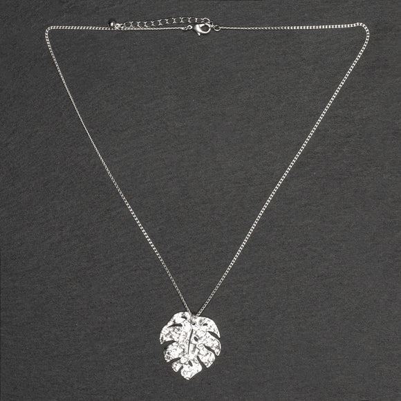Hammered Leaf Pendant On Chain - Silver Plate