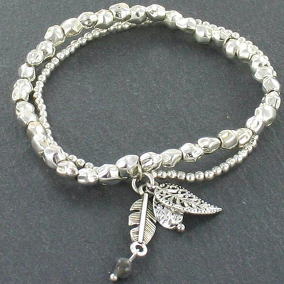 Double Strand Bracelet With Leaf Charms In Silver Plate - Flamingo Boutique