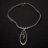 Silver Plate Oval Beaded Pendant Necklace On Suede