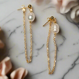 Pearl & Chain Stud Earrings In Gold Plate