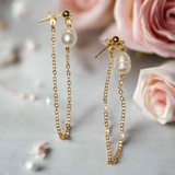 Pearl & Chain Stud Earrings In Gold Plate