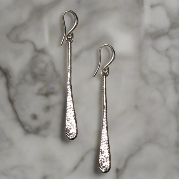 Beaten Long Tear Drop Earring - Silver Plate