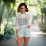 Short Popcorn Knit Poncho - White