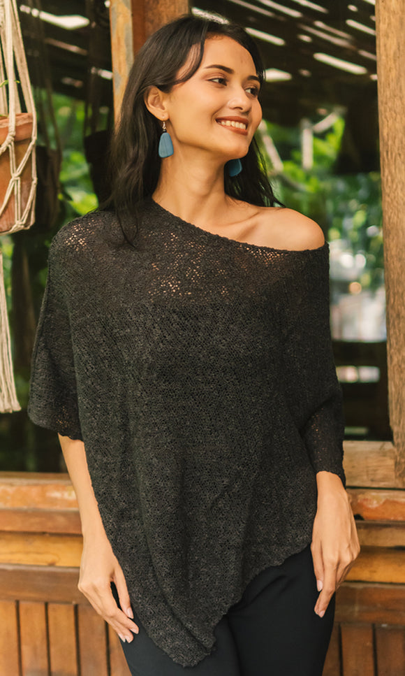 Double Knit Popcorn Poncho - Black