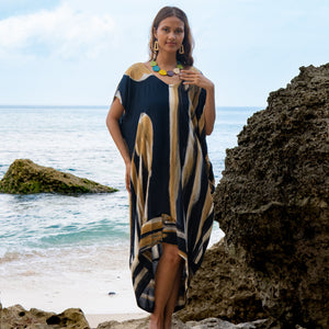 Bold Abstract Tie Dye Kaftan Dress In Grey & Gold