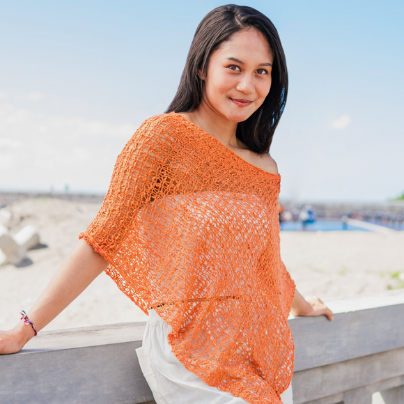 Short Popcorn Knit Poncho - Orange