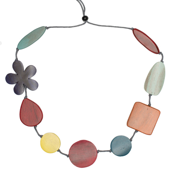 Tinted Wood Mix Shape & Flower Necklace