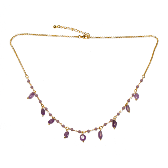 Amethyst & Glass Bead Droplet Necklace In Gold Plate