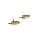 A pair of gold-plated leaf stud earrings with a thin layer of gold over a metallic base, displayed against a white background.