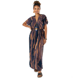Abstract Tie Dye V-Neck Maxi Dress -  Blue & Gold