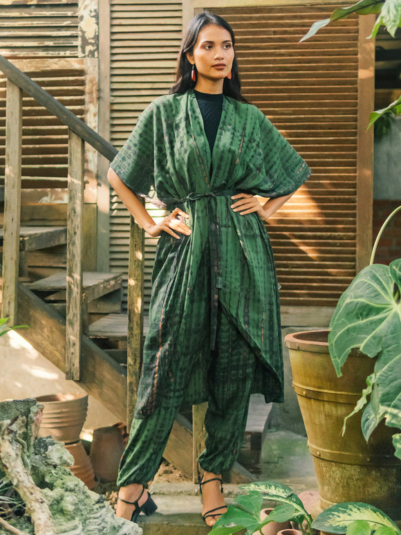 Tie Dye Long Kimono -Green & Gold