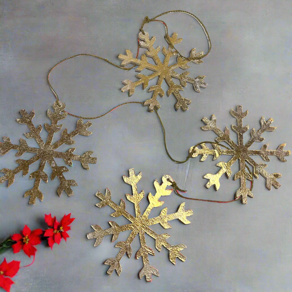 String Of Four Gold Wooden Snowflakes