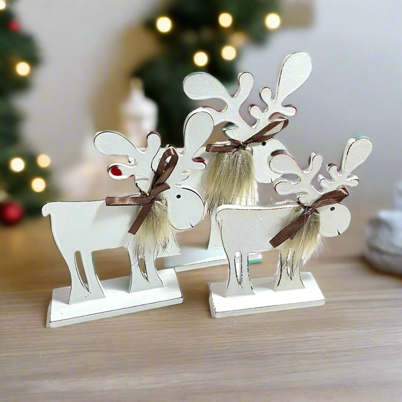 White Wooden Deer With Fluffy Beard Decoration