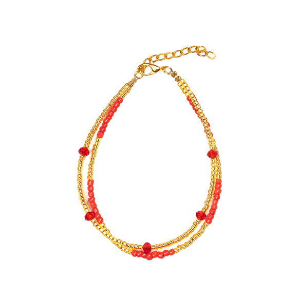 Double Strand Bracelet with Crystal Bead In Red & Gold
