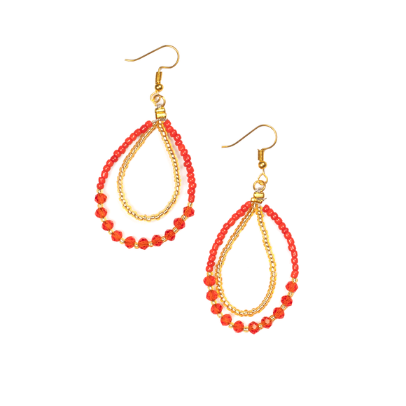 Tear Drop Earring with Crystal Bead In Red & Gold