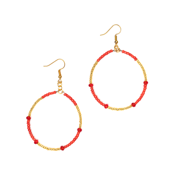 Mixed Bead Hoop Earring In Red & Gold