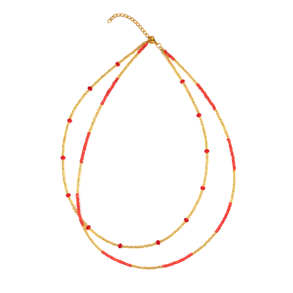 Double Strand Necklace with Crystal Bead In Red & Gold