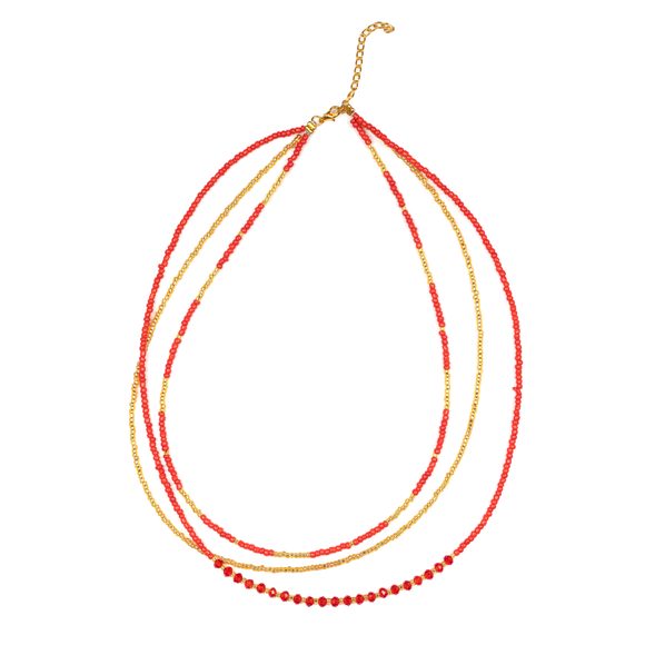 Triple Strand Necklace with Crystal Bead In Red & Gold