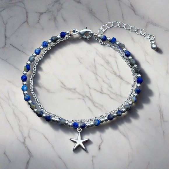 Blue Crystal Cham Bracelet In Silver Plate