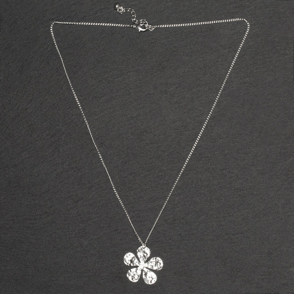 Hammered Flower Pendant On Chain - Silver Plate