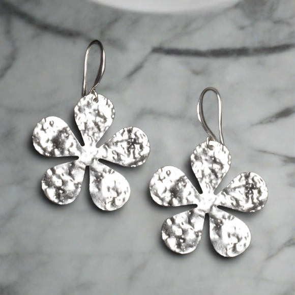 Hammered Flower Earring - Silver Plate
