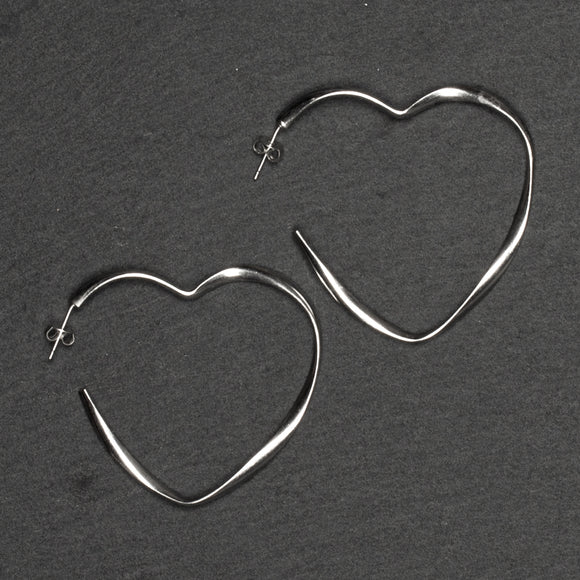 Large Heart Hoop Earrings - Silver Plate