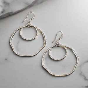 Beaten Double Ring Earrings In Silver Plate