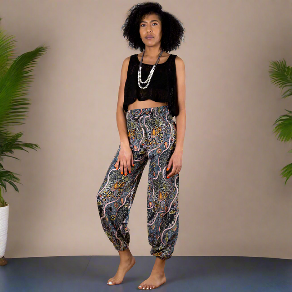 Grey & Gold Paisley Print Bali Pants