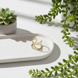 Gold ring on a white dish with green plants in the background