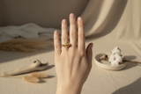 Hand wearing a gold ring on a white background