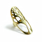Gold ring with a unique design on a white background