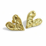 Beaten Metal Heart Stud Earrings - Gold Stainless Steel