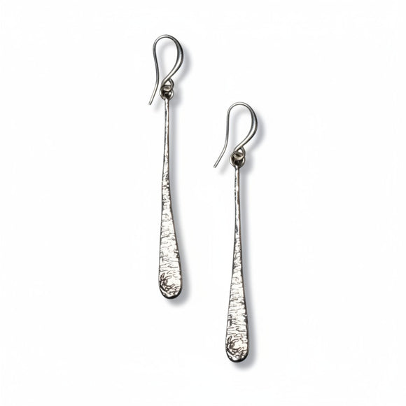 Beaten Long Tear Drop Earring - Silver Plate