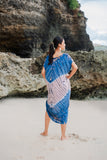 Suzie Blue Canada tie-dye lapis ombre kaftan dress in pink and blue rayon, featuring a relaxed fit and V-neck.