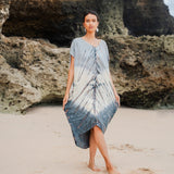 Suzie Blue Canada Tie Dye Lapis Ombre Kaftan Dress in cream and grey 100% rayon, v-neck, loose fit, beachwear.