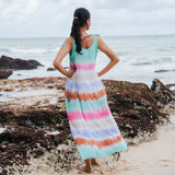Suzie Blue Canada women's maxi dress with rainbow tie-dye stripes in pink, blue, purple, and brown. Lightweight fabric, sleeveless with tie straps.