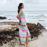 Suzie Blue Canada rainbow striped maxi dress with side slits, lightweight fabric, perfect for beachwear.