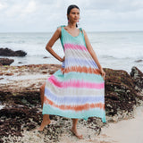 Suzie Blue Canada rainbow striped maxi dress with tie shoulder straps and a lightweight, flowing fit.
