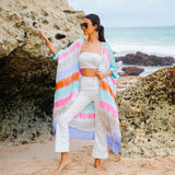 Suzie Blue Canada rainbow stripey kimono made of 100% rayon. A light, airy layer with pastel stripes.