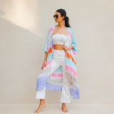 Suzie Blue Canada rainbow tie-dye kimono made of 100% rayon. Open front, long sleeves, pastel colors.