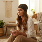 Woman wearing a dark brown tie dye bandana from Suzie Blue Canada, styled as a chic boho headband.
