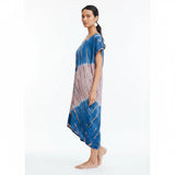 Suzie Blue Canada tie-dye kaftan beach dress in blue and blush, V-neck, short sleeves, midi length, 100% rayon.