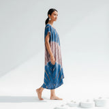 Suzie Blue Canada blue and blush tie-dye rayon kaftan beach dress with V-neck and short sleeves.