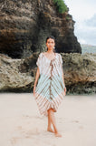 Suzie Blue Canada mint and brown tie dye lapis ombre kaftan dress made of 100% rayon, flowing silhouette, V-neck.
