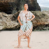 Suzie Blue Canada mint and brown tie dye kaftan dress made of 100% rayon with lapis ombre gradient.