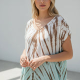 Suzie Blue Canada tie dye lapis ombre kaftan dress in mint and brown, 100% rayon, v-neck, flowing silhouette.