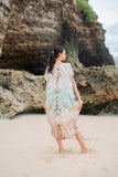 Suzie Blue Canada Tie Dye Lapis Ombre Kaftan Dress in mint and brown, 100% rayon, flowing silhouette, beachwear.
