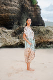 Suzie Blue Canada Tie Dye Lapis Ombre Kaftan Dress in mint and brown, 100% rayon, flowing silhouette with pockets.