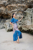 Suzie Blue Canada blue and pink tie-dye rayon maxi dress with flutter sleeves and side slit.
